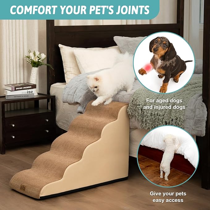 Dog Stairs for High Bed 22.6" H, Small Dog Step for Puppy, Older or Cat, Curved Ramp for Car, Ladder with High Density Foam, Lightweight, Durable, 15.7x33x22.6 inch, 5 Step, Light Brown-PurrikoPets