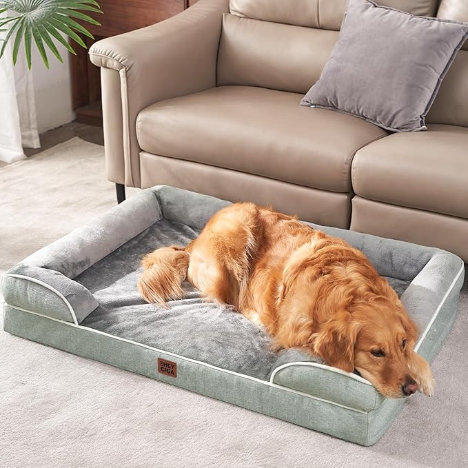 EHEYCIGA Orthopedic XL Dog Beds, Waterproof Memory Foam Dog Bed for Extra Large Dogs, Non-Slip Bottom and Egg-Crate Foam Big Pet Couch Bed with Washable Removable Cover, Greyish Green-PurrikoPets