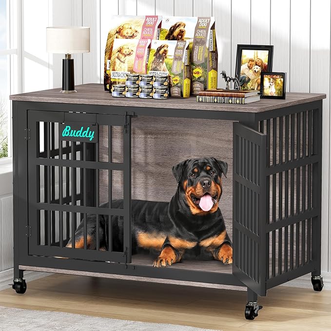 EasyCom 48"/42"/33" XXL Dog Crate Furniture with Casters, Heavy Duty Dog Kennel Indoor for Large Dogs, Escape-Proof and Chew-Proof Dog Cage for high Anxiety Dog, Decorate House as TV Stand, End Table-PurrikoPets
