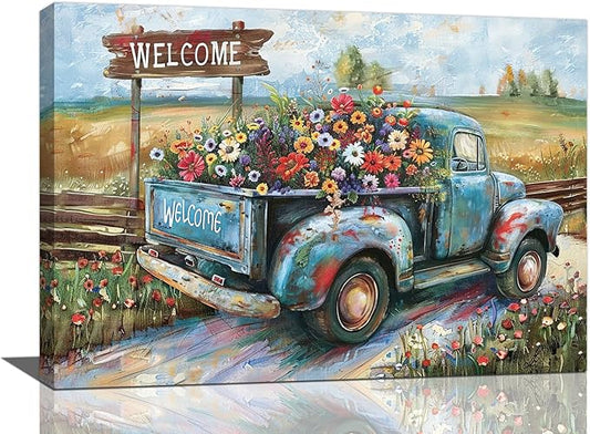 Farmhouse Truck Wall Art Rustic Country Wildflowers Wall Decor Road Flowers Landscape Pictures Canvas Print Painting Artwork for Bathroom Living Room Bedroom 16"x24"-PurrikoPets