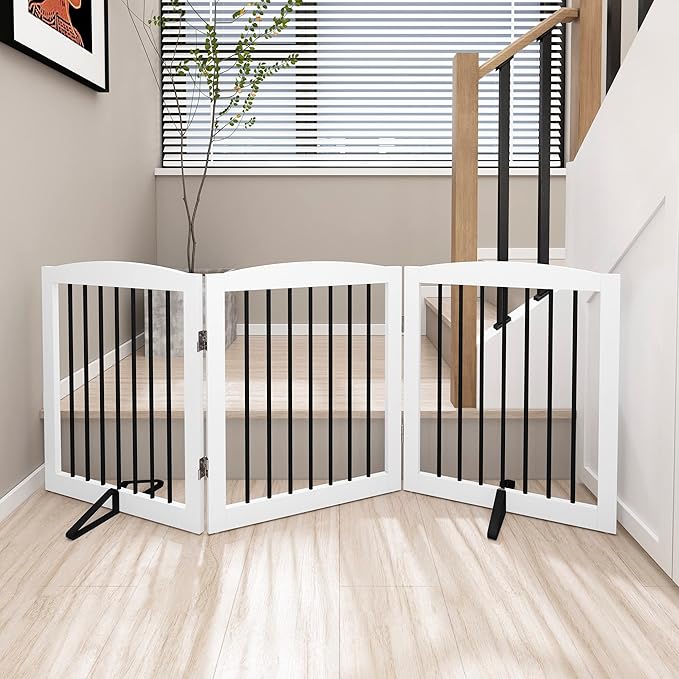 Freestanding Wooden Pet Gate for House, Foldable Indoor Dog Gate for Doorways, Stairs - 24" Height, 3 Panels, White-PurrikoPets