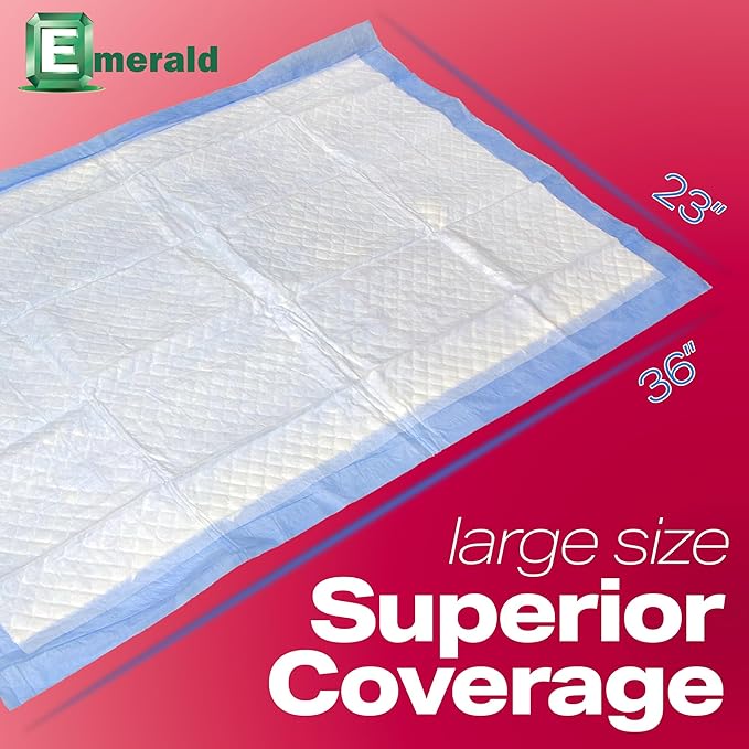 Emerald Incontinence Underpads, 50 Pads, Waterproof Plastic Backing, Highly Absorbent Cotton Fluff, Non-Skid, for Bedwetting, Pets, Seniors-PurrikoPets