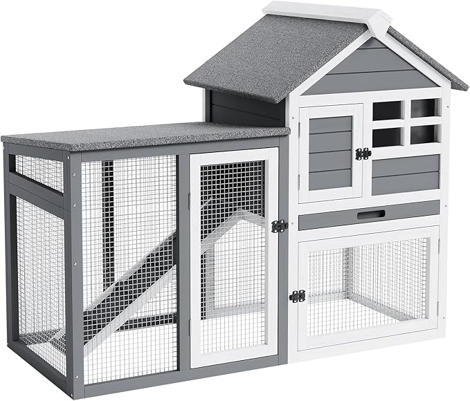 2-Tier Rabbit & Chicken House,Wooden Chicken Coop & Bunny Cage with Non-Slip Ramp, 4 Doors,Waterproof Roof & Pull-Out Tray,Outdoor/Indoor Pet Cage-PurrikoPets