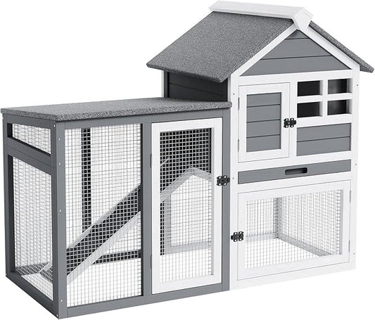 2-Tier Rabbit & Chicken House,Wooden Chicken Coop & Bunny Cage with Non-Slip Ramp, 4 Doors,Waterproof Roof & Pull-Out Tray,Outdoor/Indoor Pet Cage-PurrikoPets