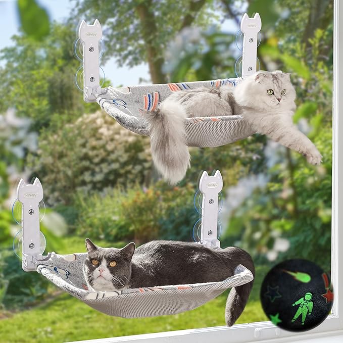 2 Pack Cat Window Perch, Glow in The Dark Foldable Cat Hammock with Sunken Design & Removable Soft Cover, Breathable Cordless Window Bed for Resting Indoor Kitten (Shallow Perch, 2 Pack - M)-PurrikoPets