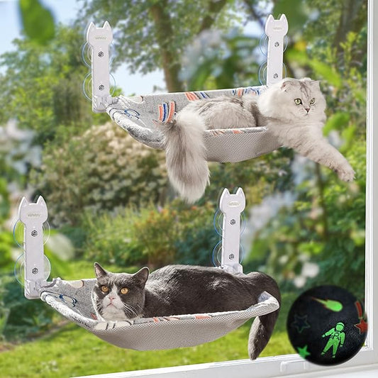 2 Pack Cat Window Perch, Glow in The Dark Foldable Cat Hammock with Sunken Design & Removable Soft Cover, Breathable Cordless Window Bed for Resting Indoor Kitten (Shallow Perch, 2 Pack - M)-PurrikoPets