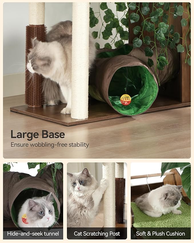 FourFurPets Large Cat Tree with Leaves, 72.8-Inch Cat Tower for Indoor Cats, Modern Cat Tree with Scratching Post, Large Perch, Tunnels, Swing Ball, Self Groomer, Greige-PurrikoPets
