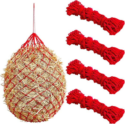 Fabbay 4 Pcs Slow Feed Hay Net Feeder Hay Bag for Horses Slow Feeder 40 Inch Length with 2 Inch Holes Hanging Horse Feed Net for Goat Cattle Equine Stalls Barn Supplies(Red)-PurrikoPets