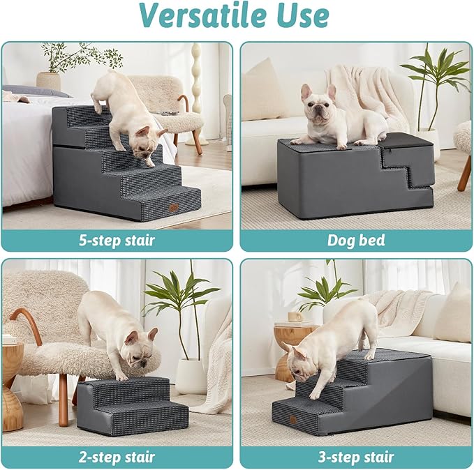 Dog Stairs for Small Dogs, 5 Tier Removable Wider Pet Stairs for Couch and Bed, 23.6" H Non-Slip Dog Steps for Puppies and Old Cats with Support Board, 29.5x19.7x23.6 inch, Dark Grey-PurrikoPets