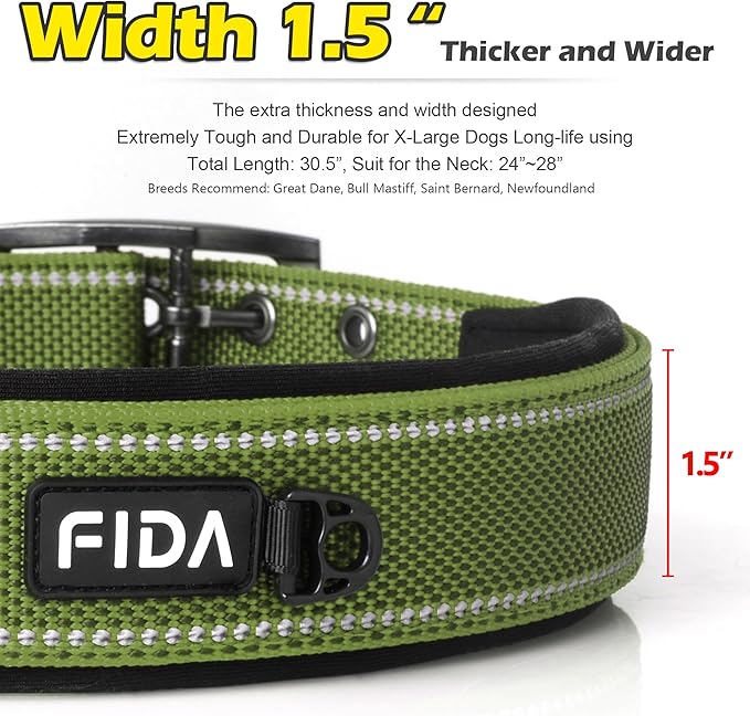 Fida Heavy DutyDog Collar for Large Dogs, Ultra Comfortable Soft Neoprene Padded, Adjustable Reflective Nylon Pet Collar with Durable Metal Belt Buckle for Extra Large Breeds(XL, Green)-PurrikoPets