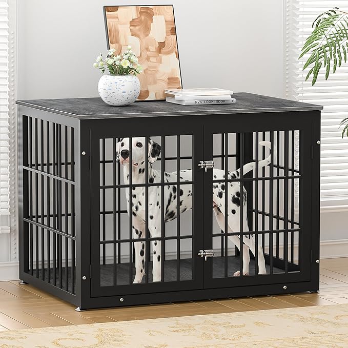 42 Inch Heavy Duty Dog Crate Furniture for Large and Medium Dogs, Decorative Pet House End Table, Wooden Cage Kennel Furniture Indoor, Gray-PurrikoPets