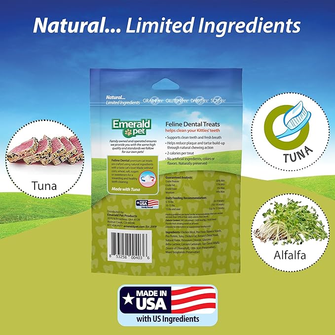 Feline Dental Treats — Tasty and Crunchy Cat Dental Treats Grain Free — Natural Dental Treats to Clean Cat Teeth, Freshen Cat Breath, and Reduce Plaque and Tartar Buildup — Tuna Treats, 3 oz-PurrikoPets