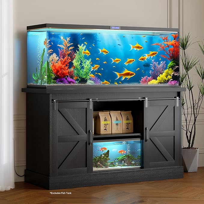 55-75 Gallon Fish Tank Stand with Sliding Barn Doors & Power Outlet, Heavy Duty Aquarium Stand with Cabinet Storage for Fish Tank, Turtle Tank, Reptile Terrarium, 1000LBS Capacity, Black-PurrikoPets