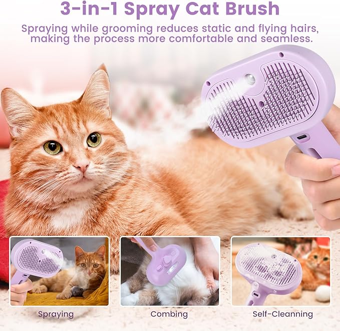 3 in 1 Cat Steam Brush, Pet Spray Hair Removal Comb for Shedding & Grooming, Water Brush for Cats Dogs Small Animals Long Short Haired with One-Click Release Button(Purple)-PurrikoPets