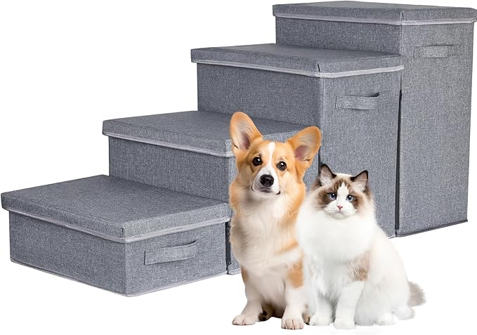 Dog Stairs with Storage, 4-Step Folding Pet Steps for Small Dogs and Cats, Pet Steps Storage with Zip, Pet Stairs for High Bed, Couch and Car Ramp (Gray, 4 Steps no Condo)-PurrikoPets