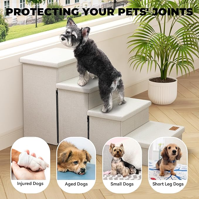 Dog Stairs with Storage 23" H, 4-Step Wider Dog Steps for High Beds Window, Folding Sturdy Pet Stairs Gift for Small/Medium/Large Old Dogs Cat, Ramp for Climbing Car Up to 200 lbs, Beige-PurrikoPets