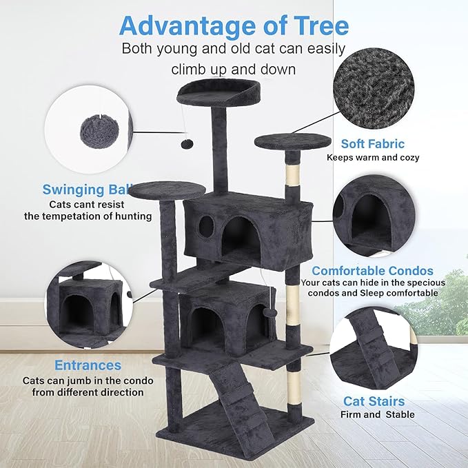 FDW Cat Tree Tower 62in Multi-Level Durable Cat Scratching Post & Cozy Fun Jumping Platform Space Saving Condo Pet Play House for Indoor Cats,Dark Gray-PurrikoPets