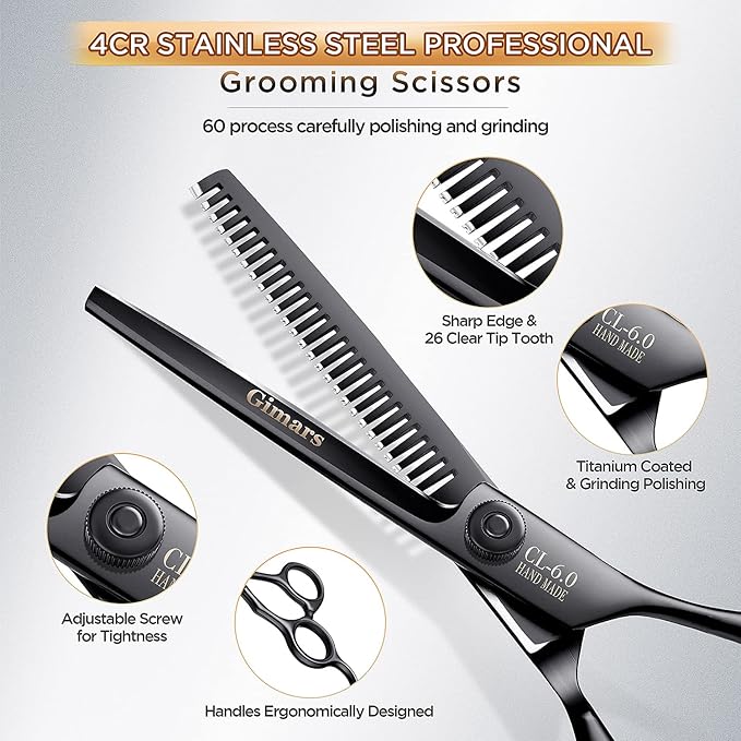 Gimars 7inch Professional 4CR Stainless Steel 6 in 1 Grooming Scissors for Dogs with Safety Round Tip, Heavy Duty Titanium Coated Pet Grooming Scissor for Dogs, Cats and Other Animals-PurrikoPets