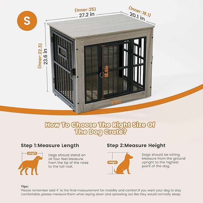 Gardner Pet Dog Crate Furniture for Small Dog, 27.2 Inches Dog Kennel Indoor, Wooden Dog Cage End Table, Heavy Duty Dog Crates, Rustic Grey-PurrikoPets