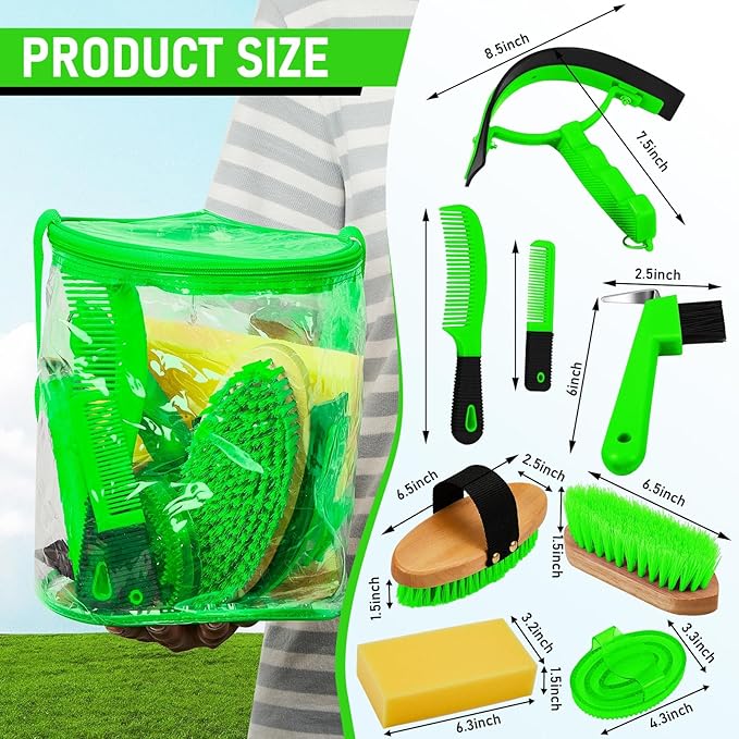 9 Pieces Horse Grooming Kit Tack Room Supplies Set with Organizer Tote Bag, Oval Massage Curry, Hard and Soft Brush, Hoof Pick, Sweat Scraper, Bathing Sponge, Combs for Horse Riders Beginners (Green)-PurrikoPets