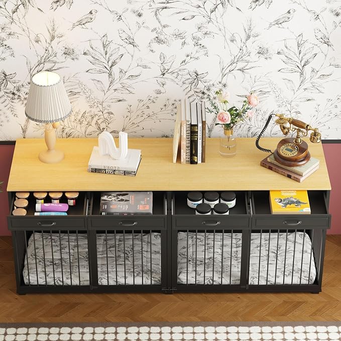 Extra Large Dog Crate with Double Rooms, 93" Heavy Duty Wooden Dog Cage Furniture Dog Crate Kennel w/Drawers & Removable Divider,Indoor Luxury Dog House for Large Dogs,Black-PurrikoPets