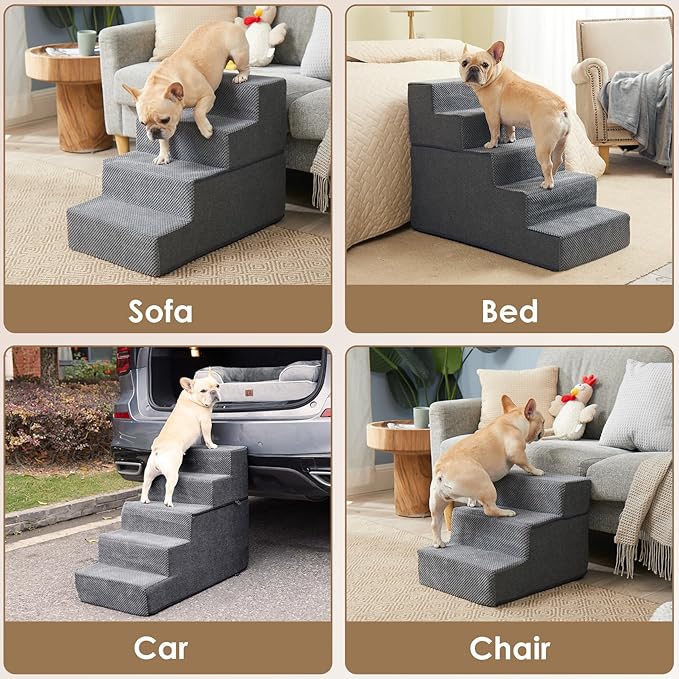 EHEYCIGA Dog Stairs for Bed 18" H, 4-Step Dog Steps for High Bed, Pet Steps for Small Dogs and Cats, Non-Slip Balanced Pet Ramp Indoor, Grey-PurrikoPets