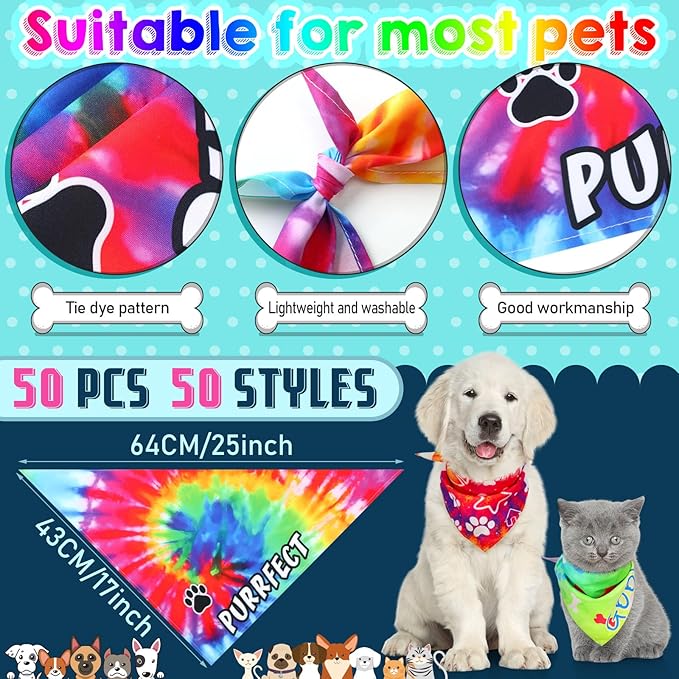 50 Pcs Tie Dye Dog Bandanas Bulk Pet Bibs Colorful Triangle Scarf Tie Dye with Sayings Pet Bandanas for Medium Large Dogs Spring Summer Birthday Costume Decor-PurrikoPets
