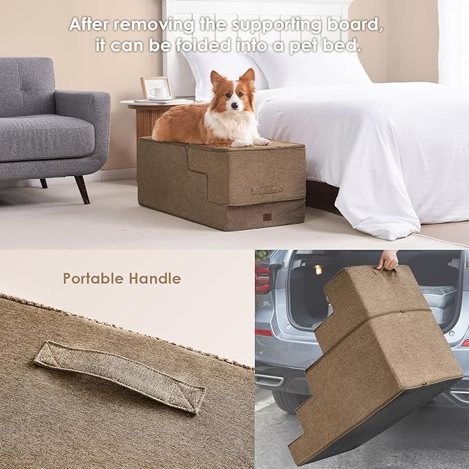 EHEYCIGA Dog Stairs for High Bed 25" H, 5-Step Extra Wide Dog Steps for Bed, Pet Steps for Small Dogs and Cats, Non-Slip Balanced Pet Ramp Indoor, Camel-PurrikoPets