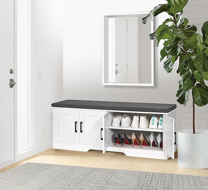 2-Tier Storage Bench, Shoe Bench with Padded Seat Cushion, Entryway Bench with 4 Barn Doors, Adjustable Shelf, 13.8" D x 47.2" W x 17.7" H, for Entryway, Living Room, Bedroom, White-PurrikoPets