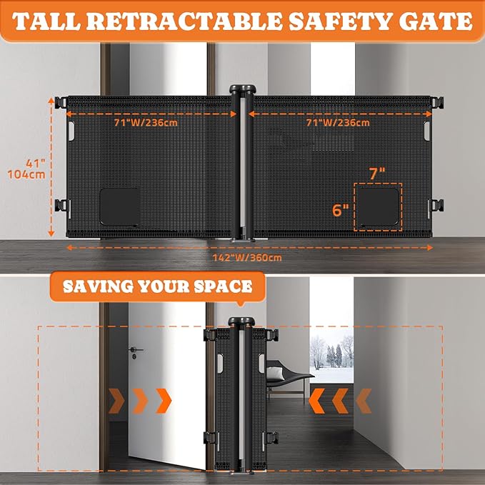 2-in-1 Retractable Baby Gates, 41" Tall Mesh Dog Gate with Cat Door 1-Pack, One Side Up to 71" Wide, Total 142" Wide, Long Retractable Pet Gate for Stairs Landing Indoor Outdoor-Black-PurrikoPets