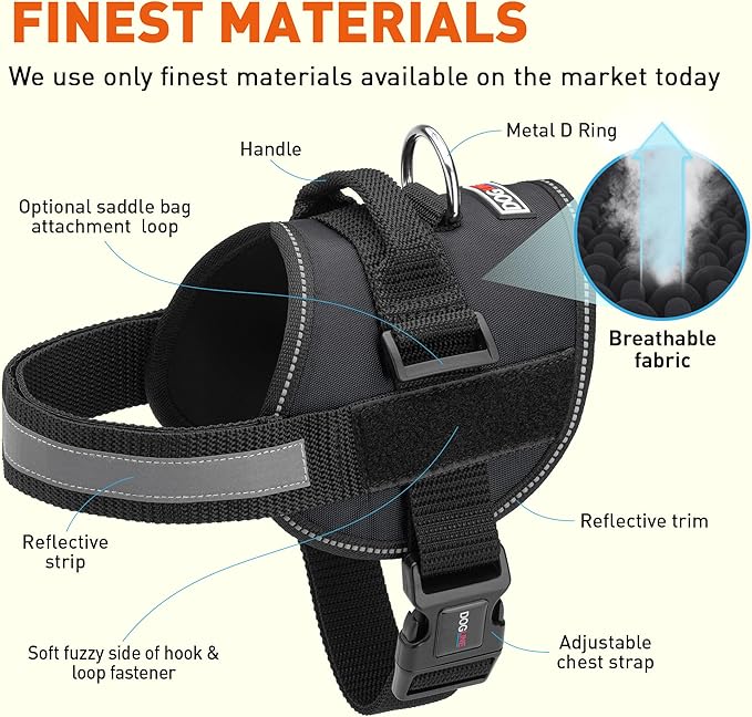 Dogline Dog Harness, Reflective No-Pull Adjustable Vest with Handle for Walking, Training, Breathable, No - Choke Harness for Small, Medium or Large Dogs Room for Patches Girth 15 to 18 in Black-PurrikoPets