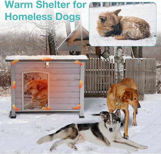 Feral Dog House Outdoor,Anti Bite Iron Frame Dog Kennel,Wood Warm Pets Home,Insulated Weatherproof Outside Shelter for Feral Animal (33.5"(L)×22"(W)×25.2"(H)-Grey-in)-PurrikoPets