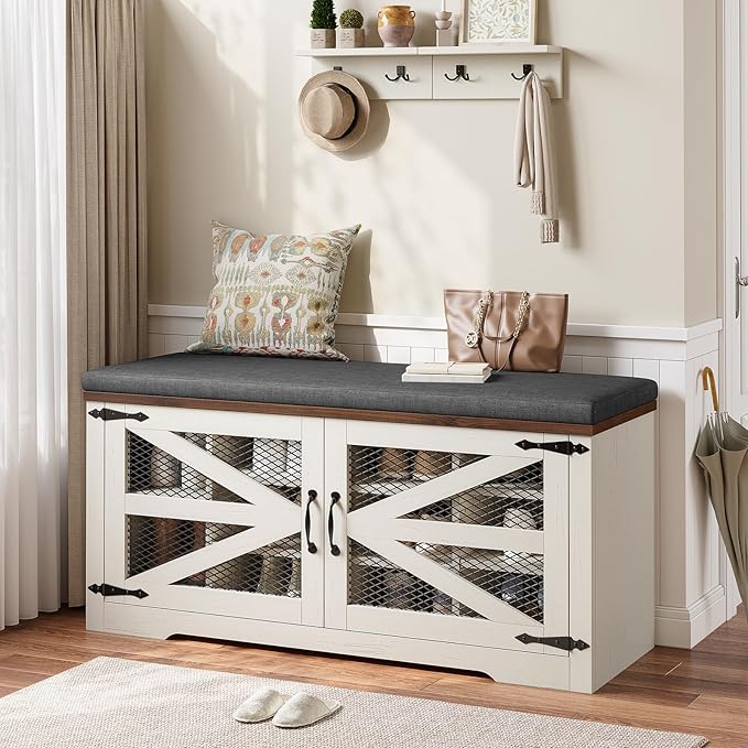 Farmhouse Storage Bench with Cushion, Metal and Wood Shoe Rack Organizer, Adjustable Shelf, Shoe Cabinet with Half Hidden Storage Space, for Entryway, Bedroom, Living Room (Old White, 43.3in)-PurrikoPets