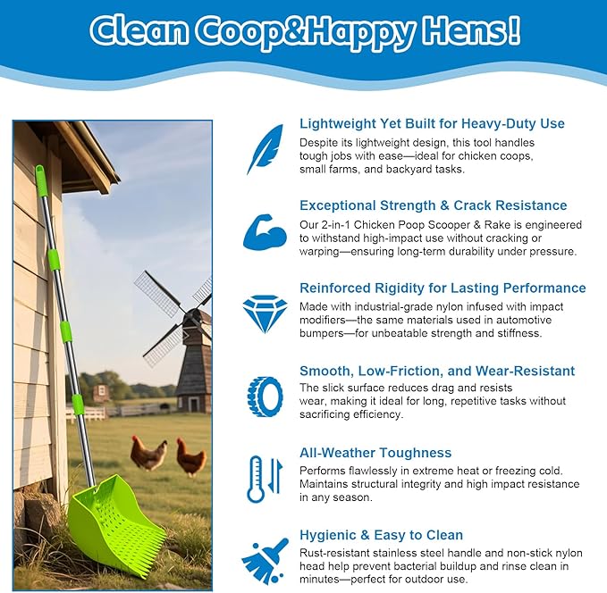 12-Inch 2-in-1 Chicken Poop Scooper & Rake – US Patent Pending – 3-Shape Sifting Holes Chicken Coop Rake，Stainless Steel Handle （20–61"）– Litter Scoop Sand & Sifting Shovel for Chicken Coops(Green)-PurrikoPets