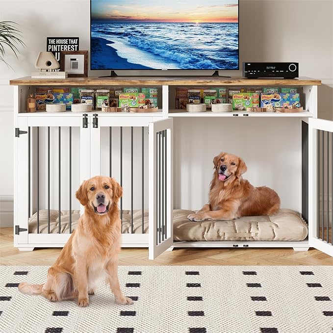 63'' Dog Crate Furniture for 2 Dogs, Wooden Dog Cage with Storage Compartment, Indoor Dog Kennel with 4 Doors for Large/Medium Dogs, White-PurrikoPets