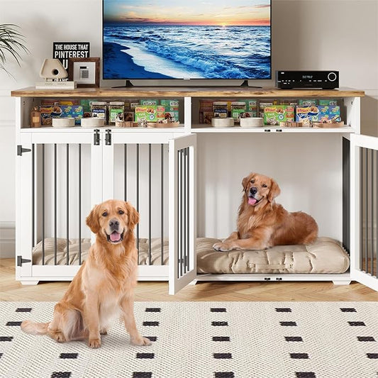 63'' Dog Crate Furniture for 2 Dogs, Wooden Dog Cage with Storage Compartment, Indoor Dog Kennel with 4 Doors for Large/Medium Dogs, White-PurrikoPets