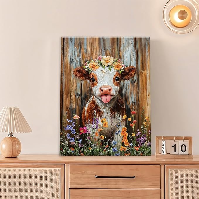 Funny Cow Bathroom Pictures Wall Art, Rustic Brown Cute Cow Bathroom Wall Decor, Farmhouse Floral Framed Painting Animal Flower Canvas Artwork for Bedroom Living Room Decorations 16"L x 12"W-PurrikoPets