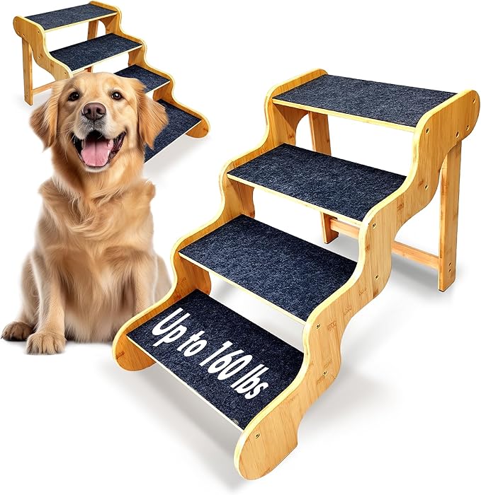 Dog Stairs for Large/Oldder Dogs,4 Steps Bamboo Wooden Pet Ramp for High Beds, Cars & Couch Sofa - Supports Dog Up to 160 LB,20-inches High-PurrikoPets