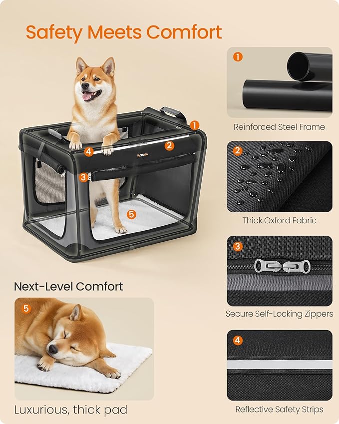 Feandrea Collapsible Dog Crate, 30-Inch Portable Dog Travel Crate for Medium Dogs, Oxford Fabric Pet Carrier with 4 Mesh Doors, Handles, Storage Pocket, Water Bottle Holder, Ink Black UPDC017B01-PurrikoPets