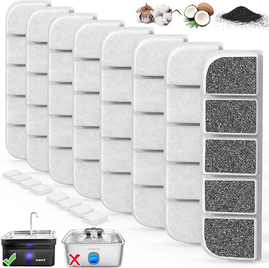 8 Pack Replacement Filters and 8 Pack Pump Sponges for SIBAYS 355oz/2.8Gal/10.5L Large Dog Water Fountain(FS70), Made of Coconut Shell Activated Carbon and PP Cotton, Food Grade Water Fountain Filters-PurrikoPets