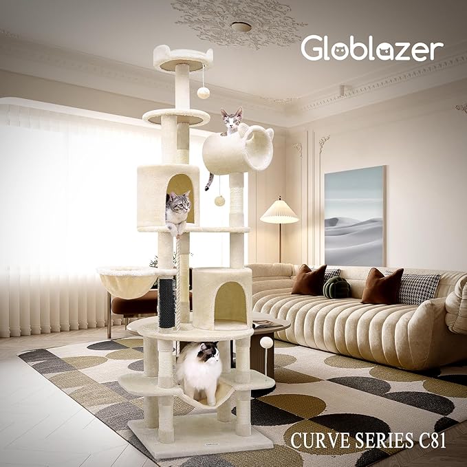 Globlazer Artistic Curved Cat Tower for Small Cats (Under 12 lbs), 81-inch Slim Design Cat Tree with Space-Saving Design, Indoor Cat Condo with Hammock & Tunnel, C81, Beige, Non-Large Cats-PurrikoPets