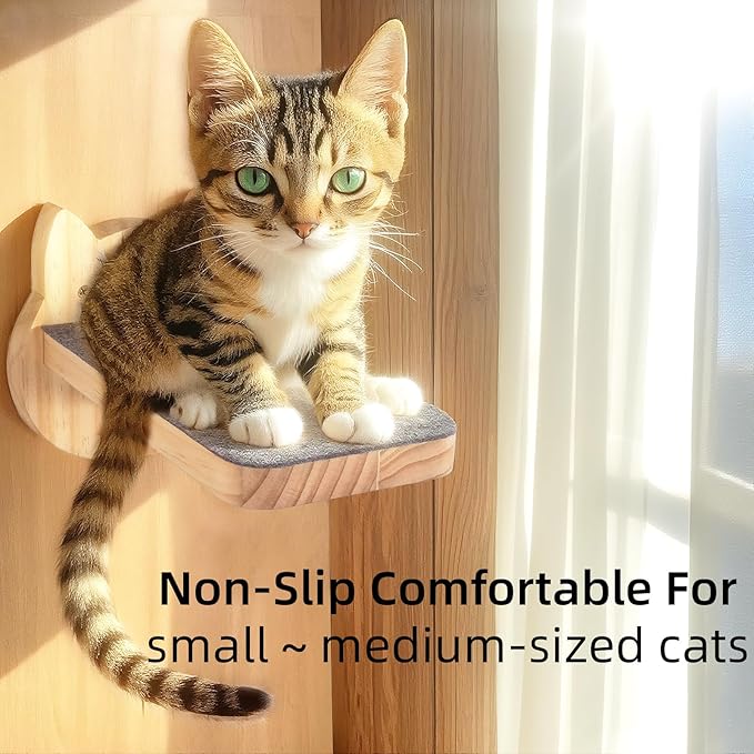 ESPETS Natural Solid Wood Cat Wall Floating Steps Set of 3 - Wall Mounted Wooden Cat Climbing Shelves and Perches, Kittty Stairs Ladder - Easy Install, Holds up 30lbs-PurrikoPets