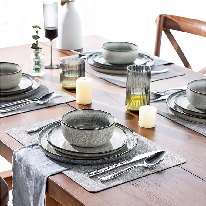 GBHOME Ceramic Dinnerware Sets for 6, 18 Pieces Stoneware Plates and Bowls Sets, Reactive Glaze Dishes -Scratch Resistant, Dishwasher&Microwave Safe, Green Wheat-PurrikoPets