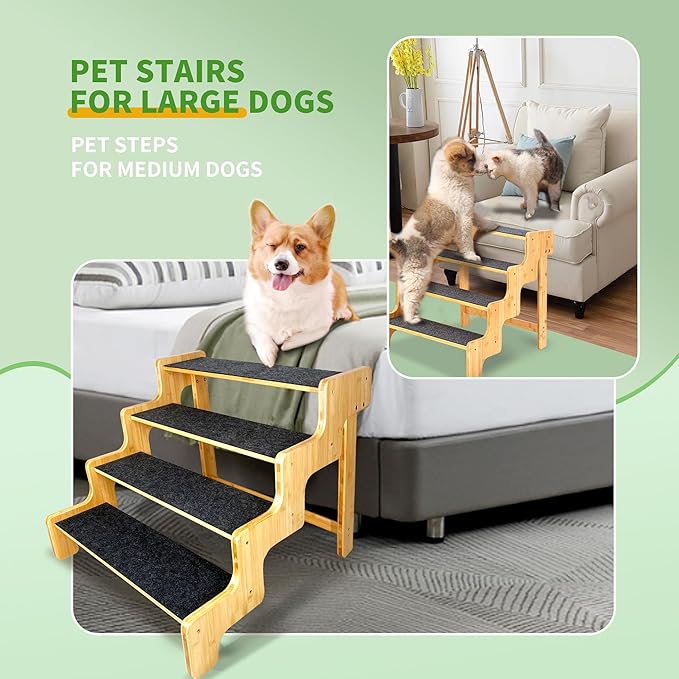 Dog Stairs for Small Dogs,3-Step Bamboo Wooden Dog/Pet/Cat Steps Ramp for Couch Sofa,Bed and Car, Can Support Weighing Up to 160 LB,-PurrikoPets