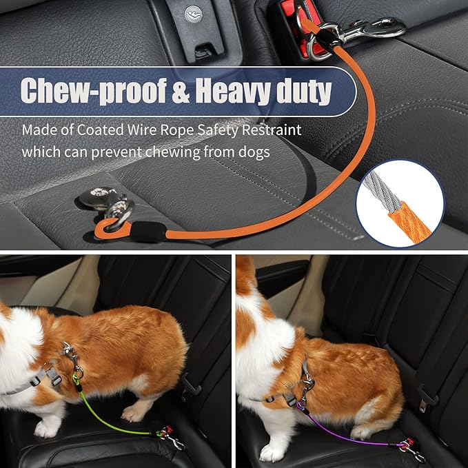 Dog Seat Belt Harness for Car,Dog Seatbelt of Coated Wire Leash Safety Restraint,No Chew Tether Cable Vehicle,Double Clips & Latch(Orange, 24 inch/60 CM)-PurrikoPets