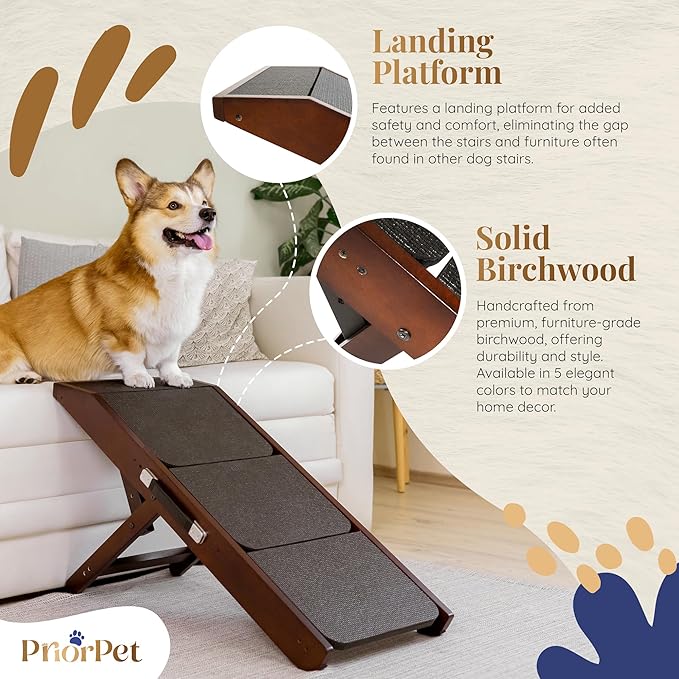 Dog Steps for Bed & Couch 2-in-1 Dog Stairs/Ramp - Height Adjustable Dog Ramp for Couch 7” - 20” - Pet Stairs, Dog Stairs for Small Dogs - Easy to Move Pet Steps with Landing Platform, Walnut-PurrikoPets