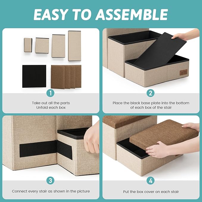 Dog Stairs with Storage, 4-Step Wider Sturdy Dog Steps for Small/Medium/Large Dogs and Older Cats, Folding Doggie Ramp for Bed/Couch/Car Hold Up to 180 lbs (22" H, Brown)-PurrikoPets