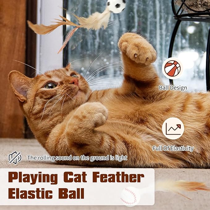 6 Pcs Feather Ball Cat Toy,Interactive Feather Bouncy Ball Toy Set for Cats,Mini and Elastic,Suitable for Pets to Play Indoors and Outdoors-PurrikoPets