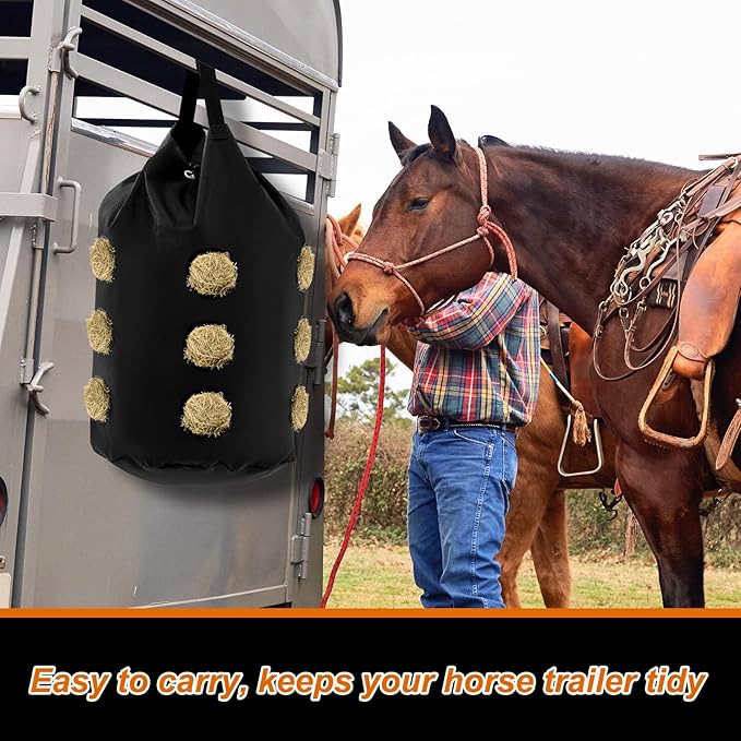 2 Pcs hay Bags for Horses Goats Slow Feed 1680D Oxford Bag Black Large Capacity Net Open Feed Hole Hay Holder for Horse Goats Sheep(15 Holes)-PurrikoPets