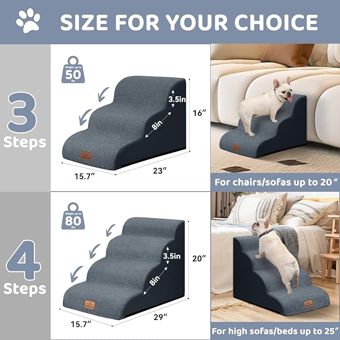 Dog Ramp and Stair for Bed 16" H-20 H,3-Step Cat Stair for Sofa and Chair,4-Step Dog Ramp for High Bed and Window,Durable Nonslip Fabric Cover for Indoor (Dark Grey-16 H, Pet Friendly, 3)-PurrikoPets